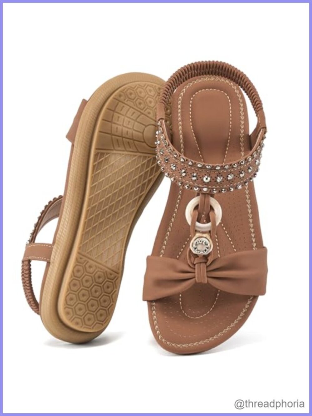 Women's Bohemian Flat Sandals Elastic Ankle Strap Faux Leather Beaded Slip On